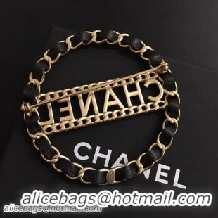 Discount Chanel Chain and Leather Brooch with 'CHANEL' AB0456 Black/Gold 2018