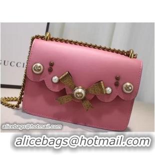 Grade Gucci Pearl Studs and Bow Leather Chain Shoulder Small Bag 432281 Pink 2016