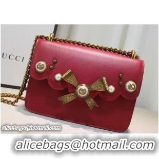 Unique Ladies Gucci Pearl Studs and Bow Leather Chain Shoulder Small Bag 432281 Red 2016