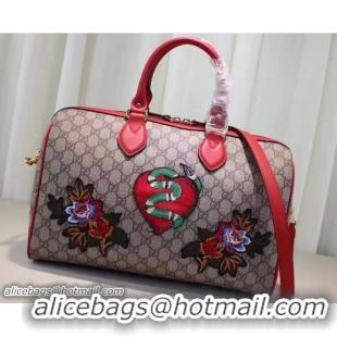 Luxurious Gucci Top Handle Medium Boston Bag 409527 Embroidered Heart Snake Flower