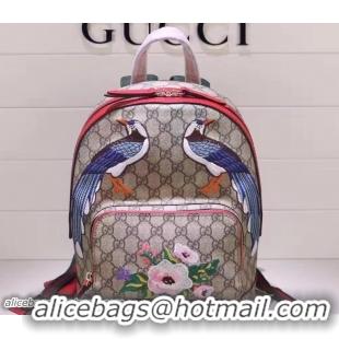 Unique Style Gucci GG Supreme Small Backpack Bag 427042 Exclusive Embroidered Bird Flower Red