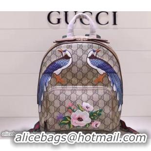 Classic Hot Gucci GG Supreme Small Backpack Bag 427042 Exclusive Embroidered Bird Flower Brown