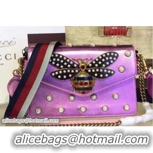 Luxury Gucci Pearl Studs And Metal Bee Broadway Leather Chain Clutch Bag 453778 Pink