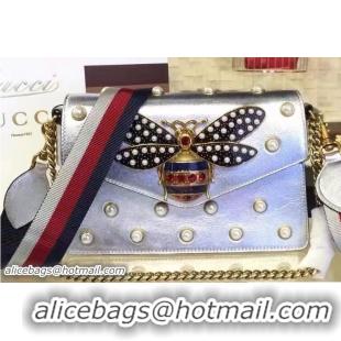 Sumptuous Gucci Pearl Studs And Metal Bee Broadway Leather Chain Clutch Bag 453778 Silver