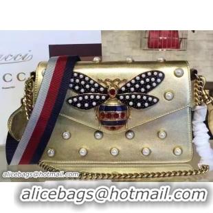 Durable Gucci Pearl Studs And Metal Bee Broadway Leather Chain Clutch Bag 453778 Gold