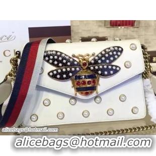 Grade Quality Gucci Pearl Studs And Metal Bee Broadway Leather Chain Clutch Bag 453778 White