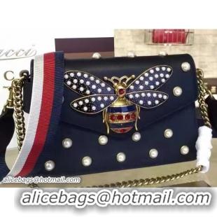 Best Grade Gucci Pearl Studs And Metal Bee Broadway Leather Chain Clutch Bag 453778 Black