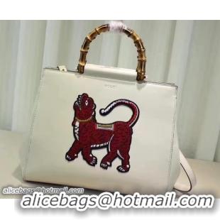 Classic Hot Gucci Nymphaea Leather Embroidered Tiger Top Handle Medium Bag 453766 White