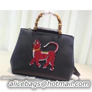 1:1 aaaaa Gucci Nymphaea Leather Embroidered Tiger Top Handle Medium Bag 453766 Black