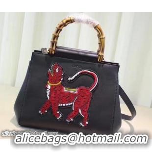 Good Quality Gucci Nymphaea Leather Embroidered Tiger Top Handle Small Bag 453767 Black