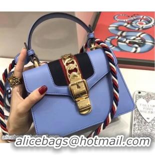 Fashion Luxury Gucci Sylvie Leather Top Handle Shoulder Mini Bag 470270 Light Blue