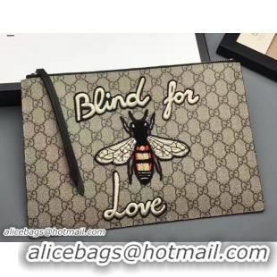 Best Gucci Embroidered Bee and Blind For Love Large Zipped Pouch Clutch Bag 431416 GG Supreme Black