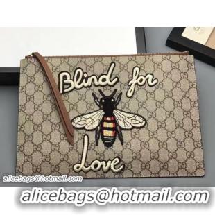 Buy Discount Gucci Embroidered Bee and Blind For Love Large Zipped Pouch Clutch Bag 431416 GG Supreme Brown