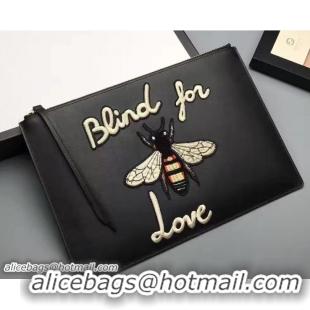 Shop Cheap Gucci Embroidered Bee and Blind For Love Large Zipped Pouch Clutch Bag 431416 Leather Black