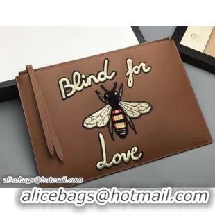 Good Quality Gucci Embroidered Bee and Blind For Love Large Zipped Pouch Clutch Bag 431416 Leather Brown