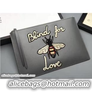 Good Looking Gucci Embroidered Bee and Blind For Love Large Zipped Pouch Clutch Bag 431416 Leather Gray