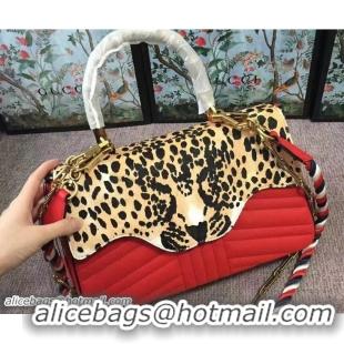 Grade Gucci Leopard Print Calf Hair Top Handle Bag 466413/461912 Red