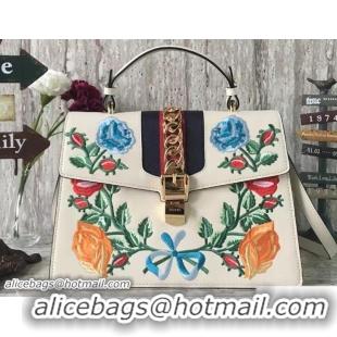 Shop Duplicate Gucci Sylvie Leather Embroidered Flowers Top Handle Medium Bag 431665 White