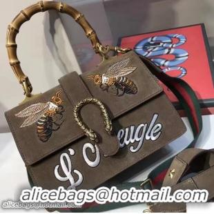 Good Looking Gucci Dionysus Leather Top Handle Medium Bag 448075 Embroidered Bee and l’aveugle Suede Khaki