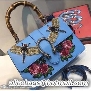 Fashion Luxury Gucci Dionysus Leather Top Handle Medium Bag 448075 Embroidered Dragonfly And Roses Light Blue