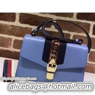 Shop Duplicate Gucci Sylvie Chain Leather Shoulder Bag 421882 Light Blue 2017