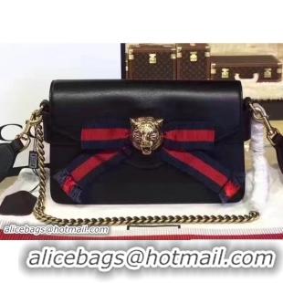 Famous Gucci Feline Head Grosgrain Ribbon Bow Broadway Leather Chain Clutch Bag 453777/453778 Black