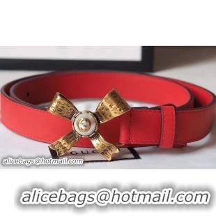 Unique Gucci Width 2.5cm Leather Belt With Metal Bow Pearl Buckle 50611 Red