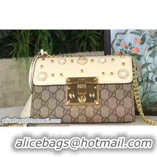 Luxury Gucci Padlock Pearl Studded Detail GG Supreme Shoulder Bag 409487 White 2017