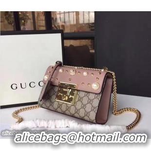 Low Cost Gucci Padlock Pearl Studded Detail GG Supreme Shoulder Bag 409487 Pink 2017