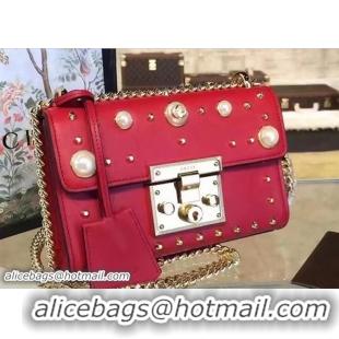 Good Quality Gucci Padlock Pearl Studded Detail GG Calfskin Leather Shoulder Bag 409487 Red 2017