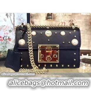 Classic Hot Gucci Padlock Pearl Studded Detail GG Calfskin Leather Shoulder Bag 409487 Black