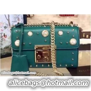 Unique Style Gucci Padlock Pearl Studded Detail GG Calfskin Leather Shoulder Bag 409487 Green