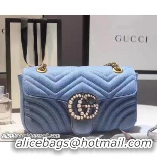 Fashion Luxury Gucci GG Marmont Matelassé Chevron With Pearl Small Chain Shoulder Bag 443497 Blue