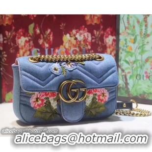 Inexpensive Gucci GG Marmont Matelassé Chevron Embroidered Floral Mini Chain Shoulder Bag 446744 Blue