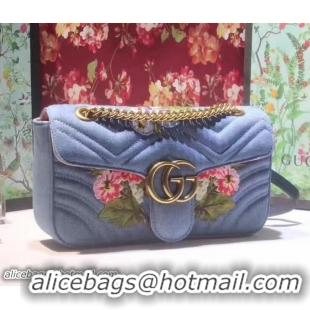 Crafted Gucci GG Marmont Matelassé Chevron Embroidered Floral Small Chain Shoulder Bag 443497 Blue 2017