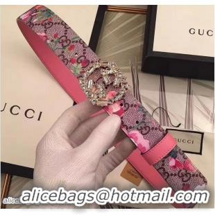 Luxury Gucci Width 3.5CM Crystal Double G Buckle Blooms Print Belt G7201 01 2017