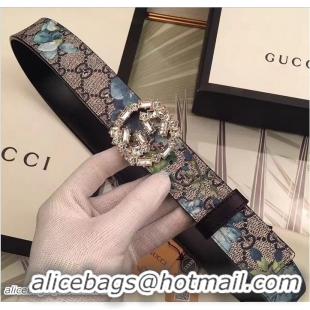 Good Product Gucci Width 3.5CM Crystal Double G Buckle Blooms Print Belt G7201 03 2017