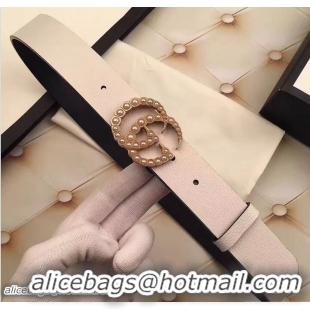 Luxurious Gucci Width 3.5CM Pearl Double G Buckle Leather Belt White G7217