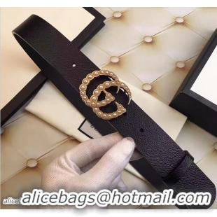 Classic Gucci Width 3.5CM Pearl Double G Buckle Leather Belt Black G7217