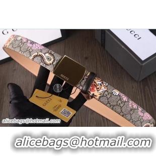 Stylish Gucci Width 3.5cm GG Canvas Embroidered Felid Metal Buckle Belt Pink 41196