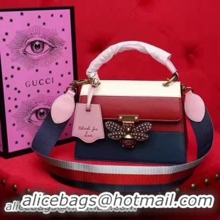 Original Cheap Gucci Queen Margaret Leather Top Handle Bag 476541 Red&White&Blue