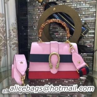 Good Looking Gucci Now Bamboo Smooth Leather Top Handle Bag 448075 Pink&Blue&Red