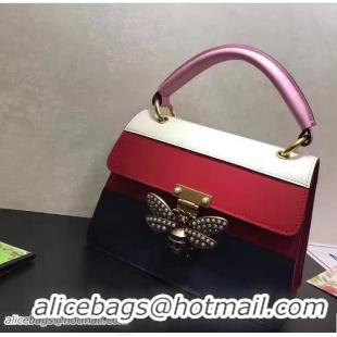 Best Quality Gucci Queen Margaret Leather Metal Bee Detail Top Handle Bag 476541 White/Red/Dark Blue