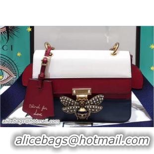 Top Design Gucci Queen Margaret Leather Metal Bee Detail Shoulder Small Bag 476542 White/Red/Blue