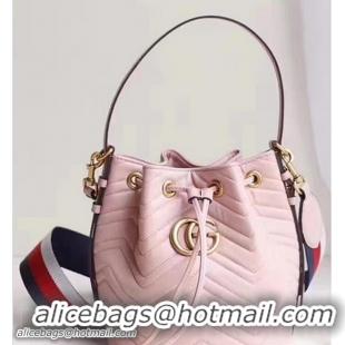 Classic Gucci GG Marmont Quilted Leather Bucket Bag With Sylvie Web Strap 476674 Pink