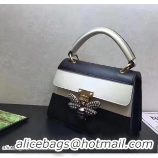 Good Quality Gucci Queen Margaret Leather Metal Bee Detail Top Handle Bag 476541 Black/White 2017