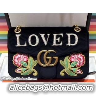 Hand Held Gucci GG Marmont Embroidered Loved And Floral Velvet Chevron Medium Shoulder Bag 443496 Black 2017