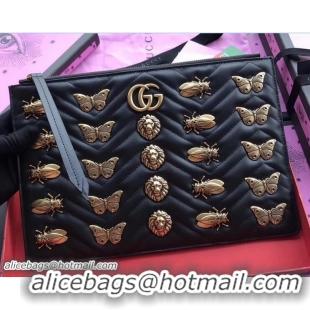 Top Grade Gucci GG Marmont Metal Animal Insects Studs Leather Pouch Clutch Bag 476440 Black 2017