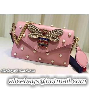 Popular Style Gucci Pearl Studs And Metal Bee Broadway Leather Chain Clutch Bag 453778 Pink 2017