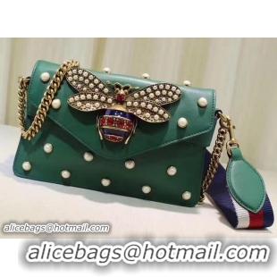 Famous Brand Gucci Pearl Studs And Metal Bee Broadway Leather Chain Clutch Bag 453778 Green 2017